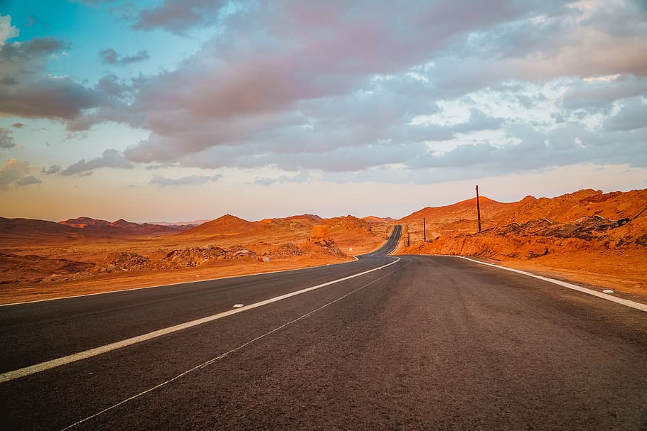 road, sunset, desert, landscape, away, nature, sky, dusk, scenic HD wallpaper