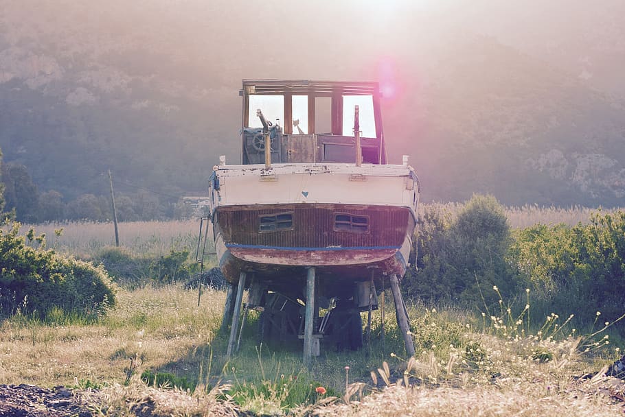 boat, sunset, maintenance, landscape, grass, nature, mode of transportation HD wallpaper