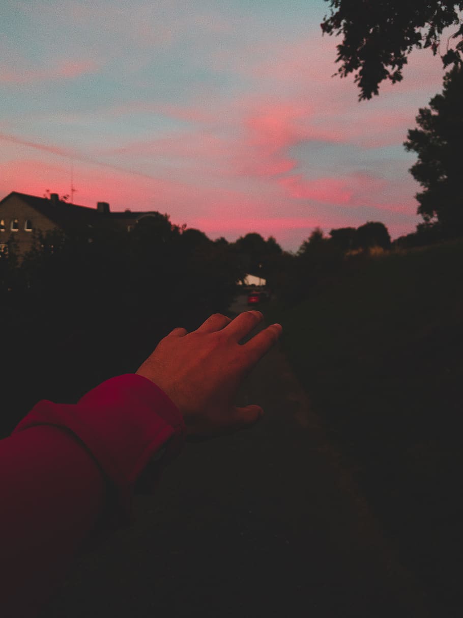human hand, sunset, sky, human body part, silhouette, one person HD wallpaper
