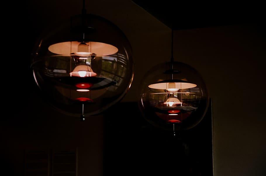 Two Black-and-red Ceiling Light, close-up, dark, design, electricity HD wallpaper