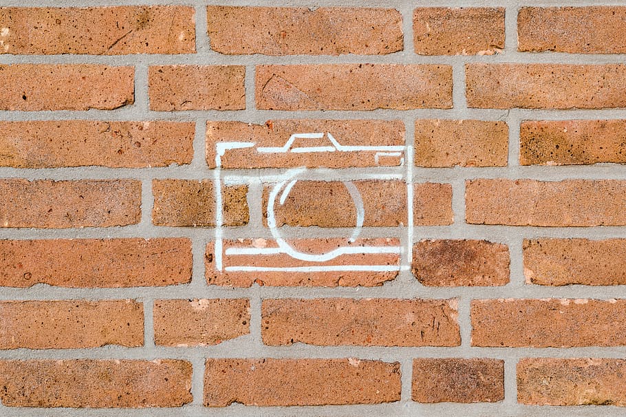 brick wall with camera sketch, wall - building feature, text HD wallpaper