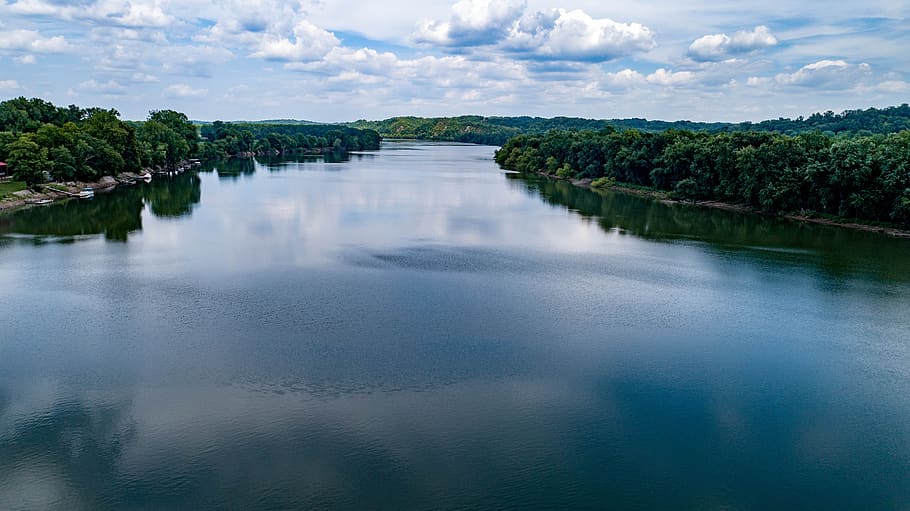 river, drone, down a river, missouri, water, sky, cloud - sky, HD wallpaper