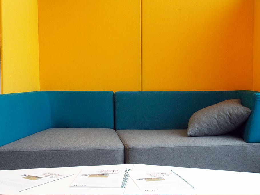 sofa, yellow, blue, pillow, domestic room, furniture, indoors HD wallpaper