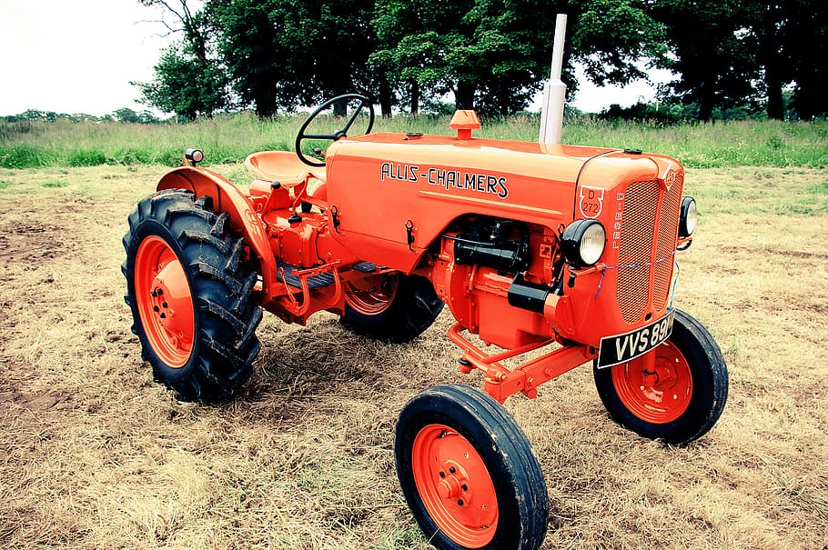 orange tractor on field, mode of transportation, agricultural machinery HD wallpaper