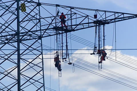 strommast, high voltage, maintenance, workers, depend, backed up HD wallpaper