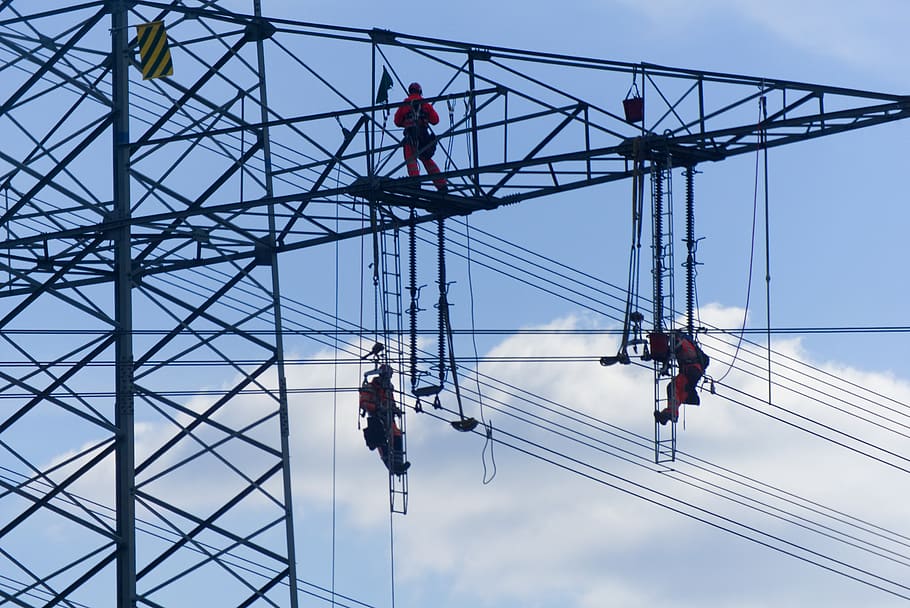 strommast, high voltage, maintenance, workers, depend, backed up HD wallpaper