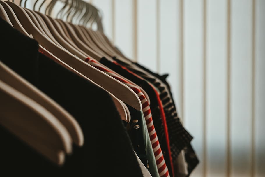 clothes lot, indoors, in a row, selective focus, no people, close-up HD wallpaper