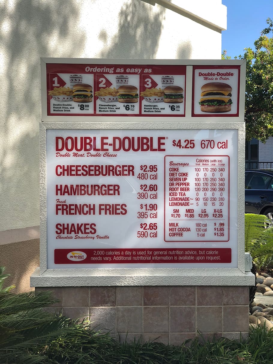 burger, menu, in-n-out, communication, text, western script, HD wallpaper