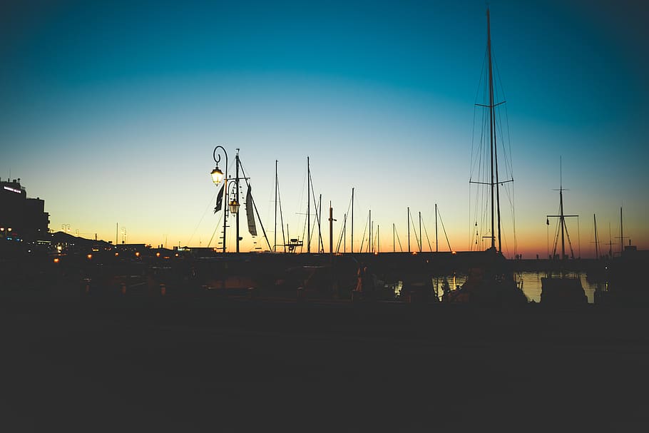 greece, heraklion, boats, masts, sails, port, dusk, crete, landscape, HD wallpaper