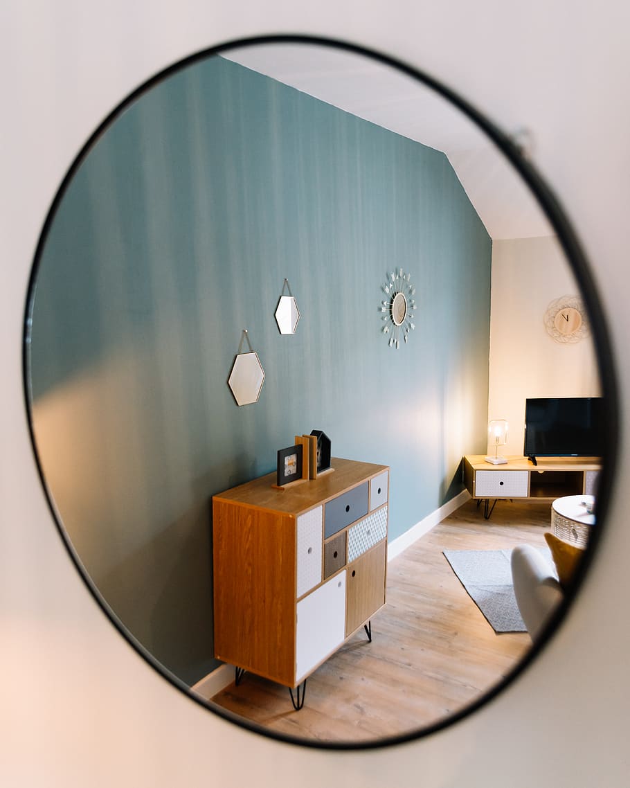 Round Frameless Mirror on Wall, architecture, contemporary, cozy, HD wallpaper