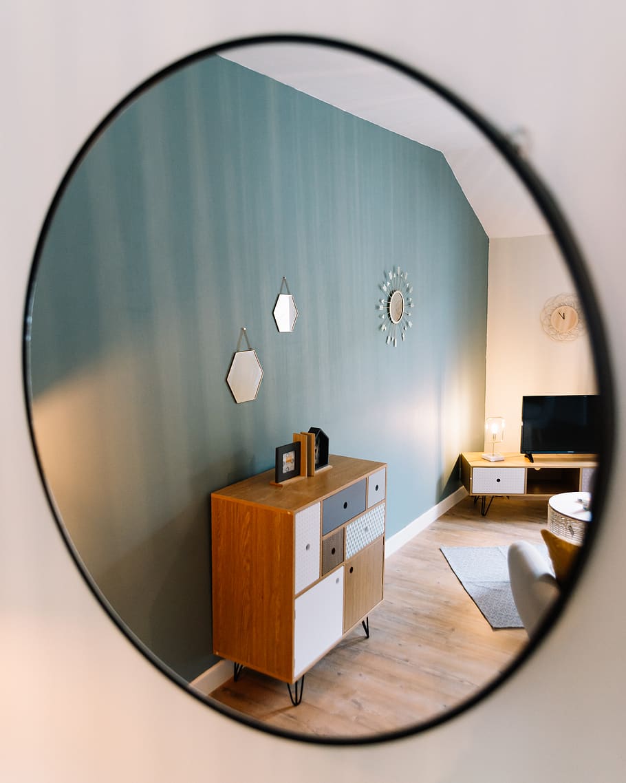 Round Frameless Mirror on Wall, architecture, contemporary, cozy HD wallpaper