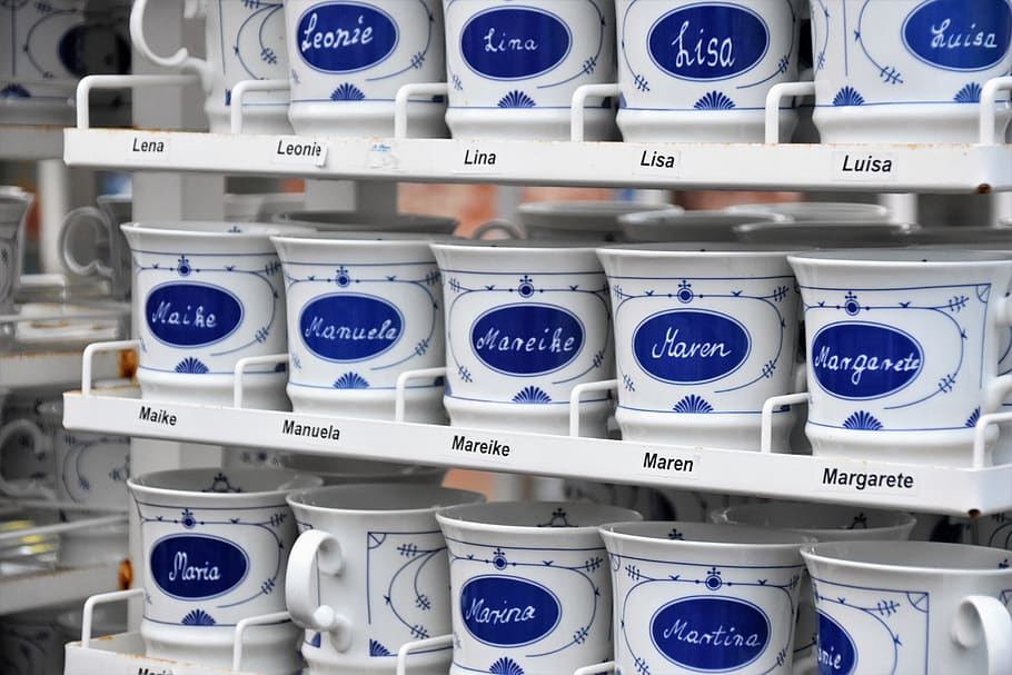 white and blue ceramic mug lot, indoors, no people, technology HD wallpaper