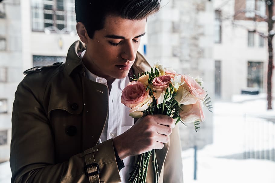 man holding pink roses, flower, flowering plant, young adult HD wallpaper