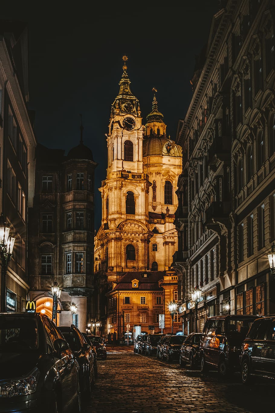 prague, czech republic, road, reflections, church, lighting HD wallpaper