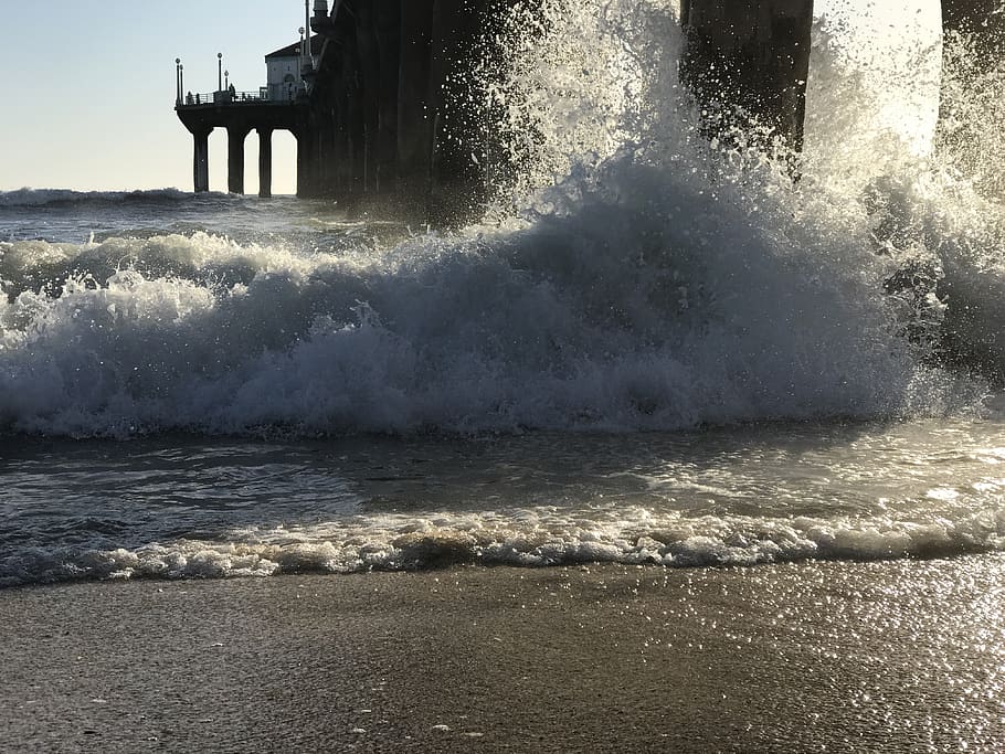 waves, crashing, ocean, water, beach, sand, surf, sunset, pier HD wallpaper