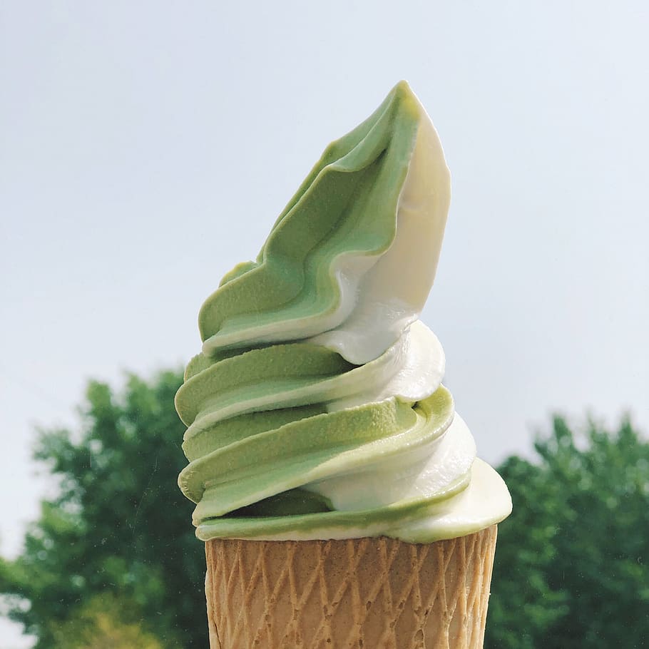 green soft ice cream, sweet, cone, dessert, ice cream cone, sweet food