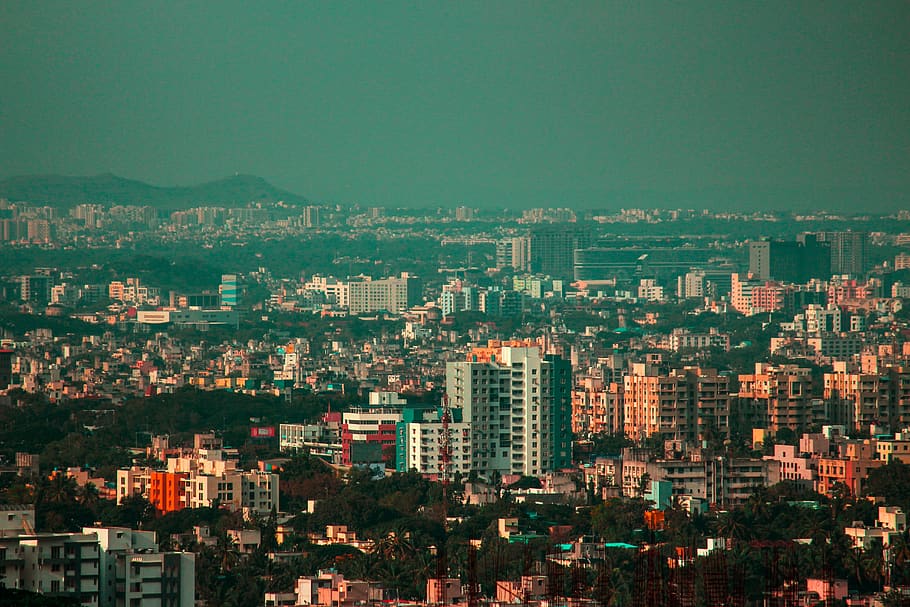 city, pune, sky, india, landscape, green, architecture, lights, HD wallpaper