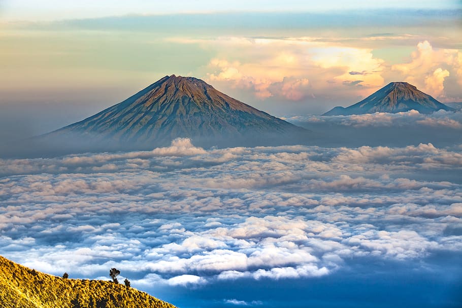landscape, volcano, central java, sumbing mountain, sindoro mountain, HD wallpaper