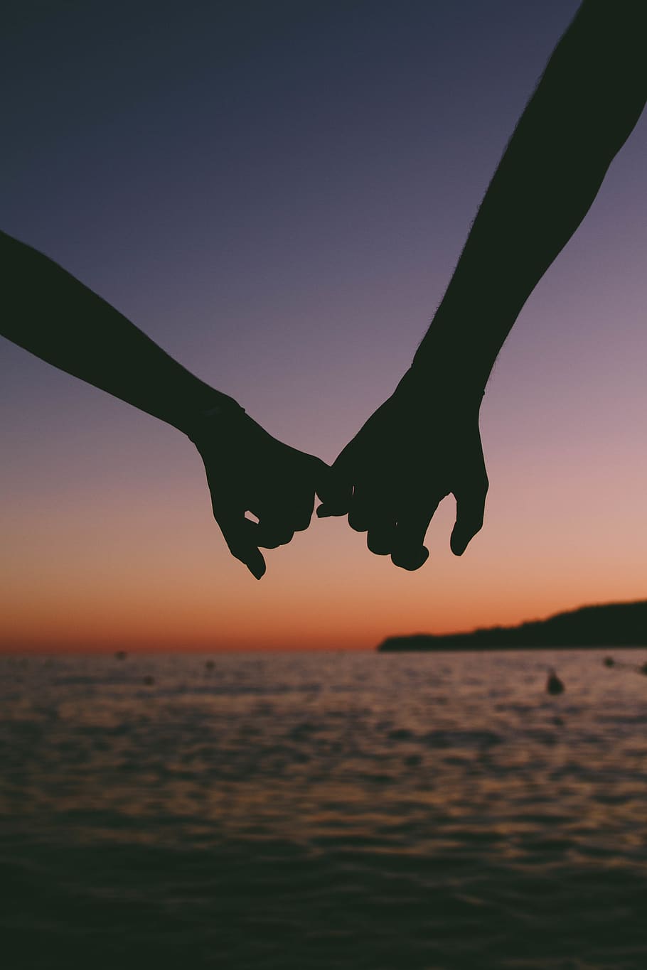Two Person Holding Pinkies, backlit, beach, couple, dawn, evening