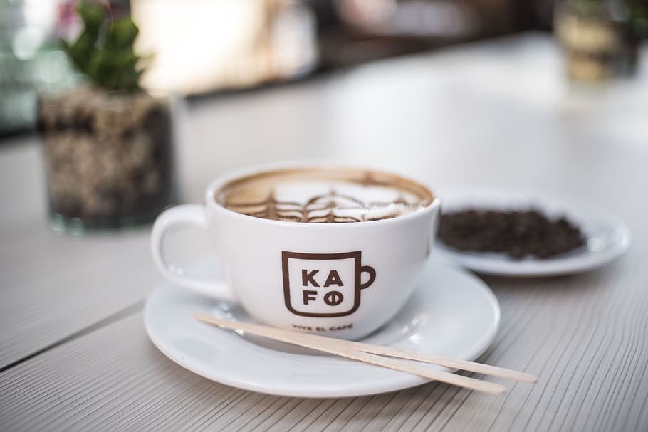 White Ceramic Cup, beans, blurred background, café, caffeine HD wallpaper