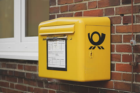 yellow mailbox on brown wall bricks, postbox, mail boc, yellow box HD wallpaper