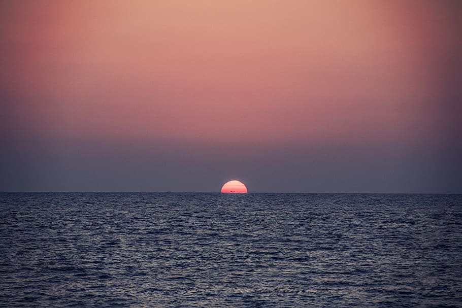 calm sea during sunset, nature, outdoors, sky, dawn, red sky