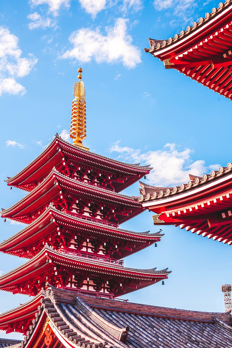 red pagoda temple, building, architecture, worship, shrine, roof HD wallpaper
