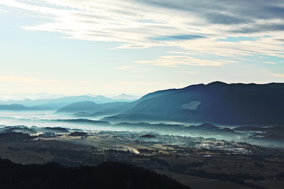 blue, sky, clouds, country, town, plains, hills, mountains HD wallpaper