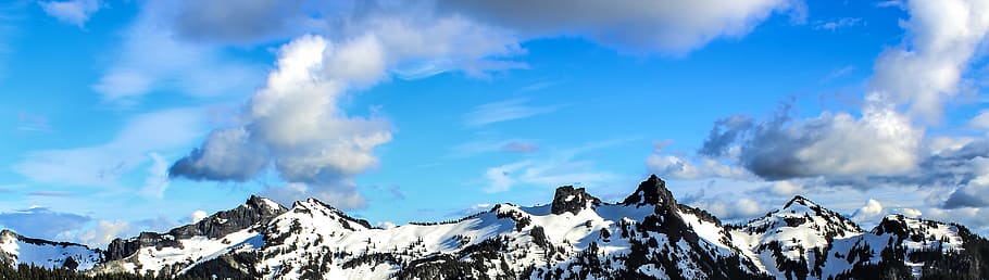 White and Black Snowy Mountain Under Blue Cloudy Sky, cold, landscape HD wallpaper