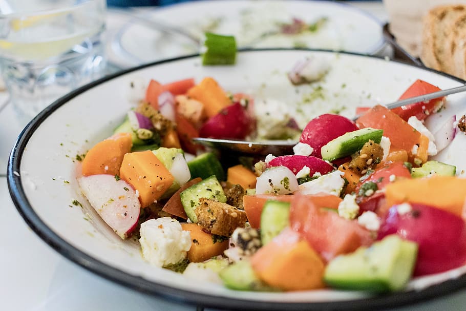 salad on round white plate, healthy eating, food, food and drink HD wallpaper