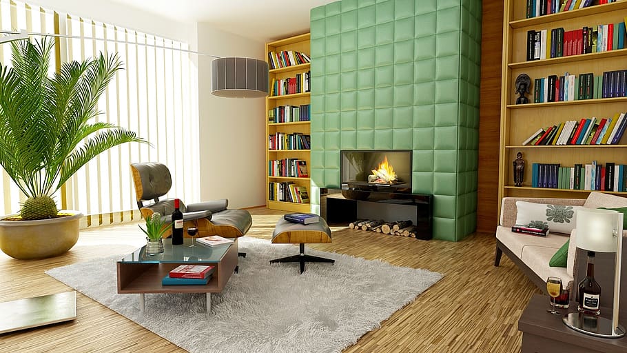 Living Room Set, apartment, architecture, bookcase, books, bookshelves