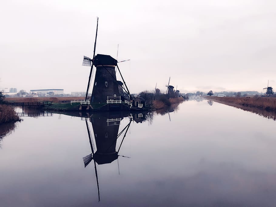 kinderdijk, netherlands, lonely, water, reflection, sky, waterfront HD wallpaper