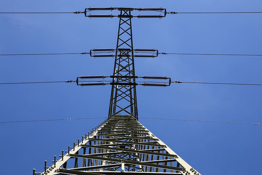 pylon, electricity, current, energy, cable, connection, blue HD wallpaper