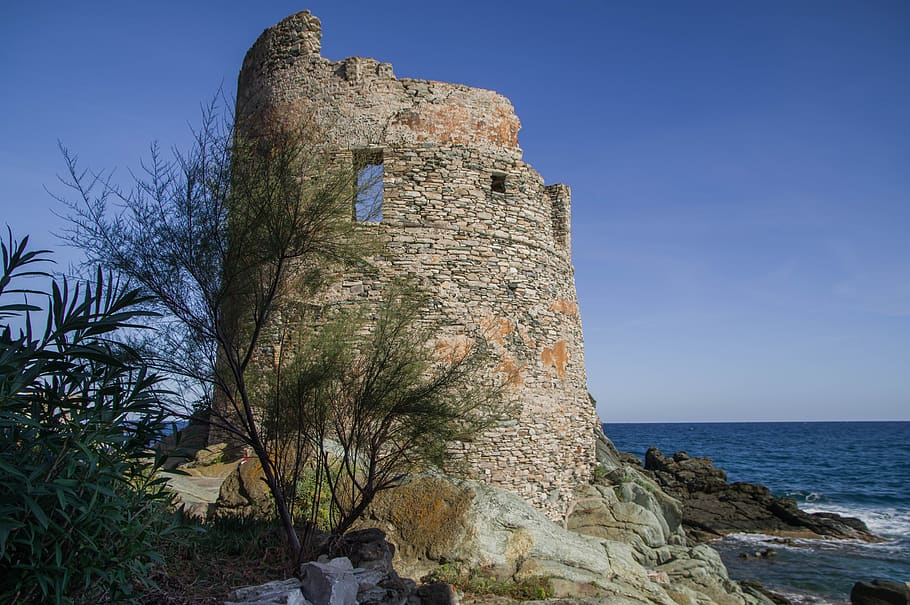 corsican, erbalunga, tower, ruin, mediterranean, sky, nature HD wallpaper