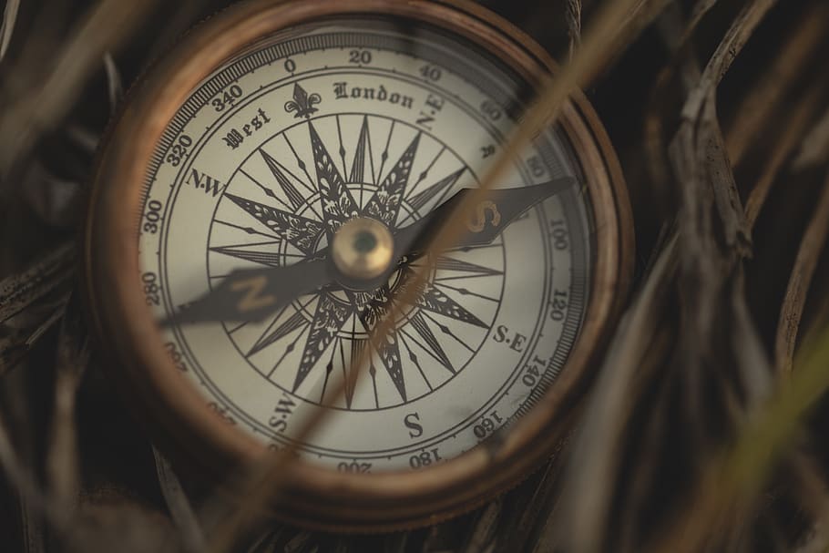 brass-colored directional compass on grass, number, close-up HD wallpaper