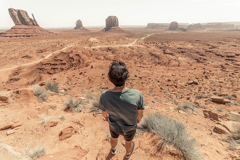 man standing while facing desert during daytime, ground, soil HD wallpaper