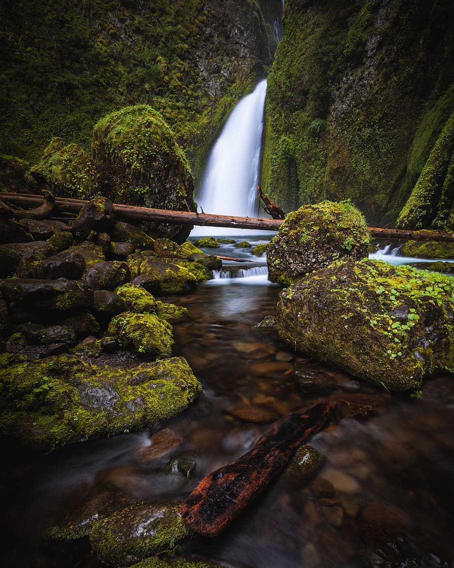 waterfall with moss, scenics - nature, rock, flowing water, motion HD wallpaper