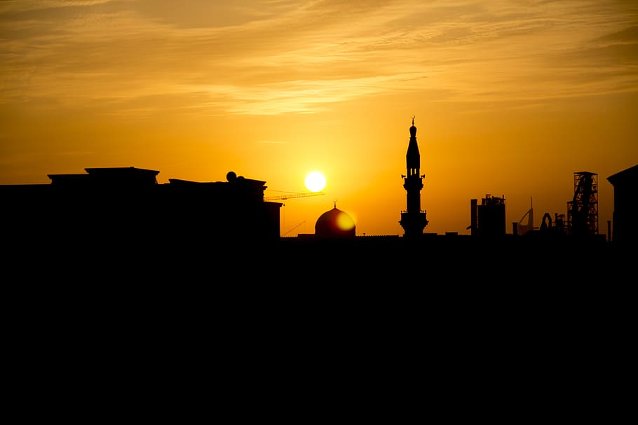 sunset, mosque, black, orange, sun setting, architecture, built structure HD wallpaper