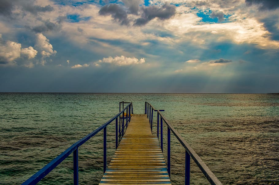 pier, jetty, sea, dock, horizon, sky, clouds, autumn mood, scenery HD wallpaper