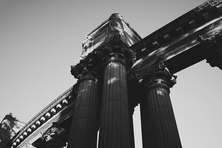 grayscale photo of pedestals, architecture, building, column