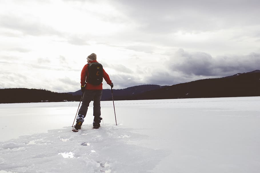 man standing on snow covered surface, person, people, human, nature HD wallpaper