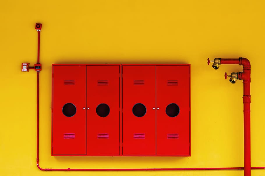 four red lockers, yellow, safety, technology, security, indoors HD wallpaper