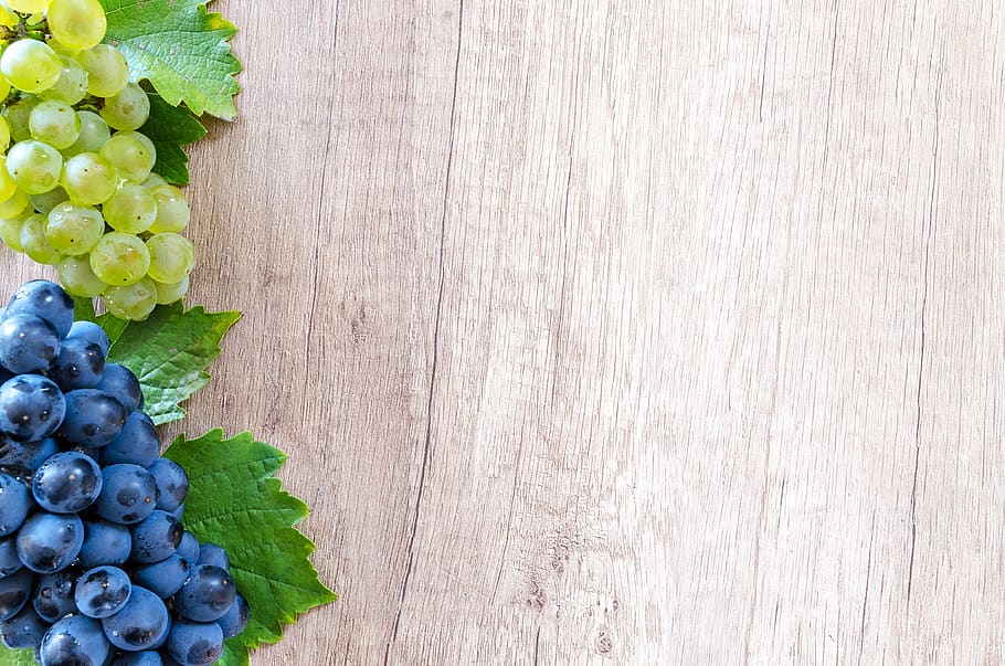 Grapes on Brown Wooden Surface, blueberries, close-up, cluster