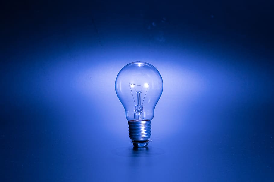 Turned-on Blue Edison Bulb, clear, light, lightbulb, light bulb HD wallpaper