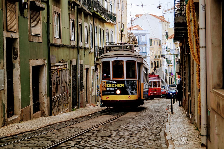 lisbon, portugal, oldtimer, railway, rails, old tramway, lisboa, HD wallpaper