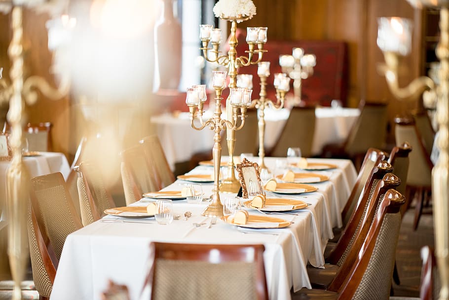 Brown Candelabra on Table, blur, Candlelights, candlesticks, cutlery HD wallpaper