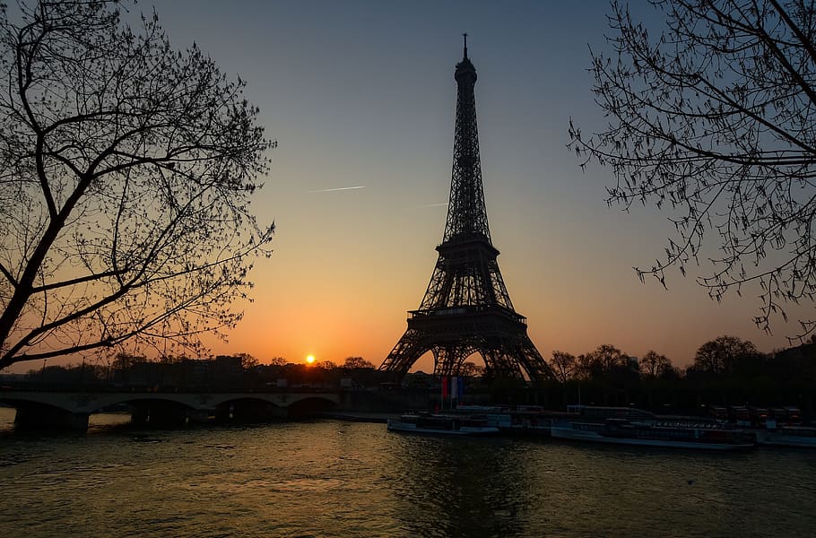 paris, eiffel tower, sunrise, river, seine, trees, travel, france HD wallpaper