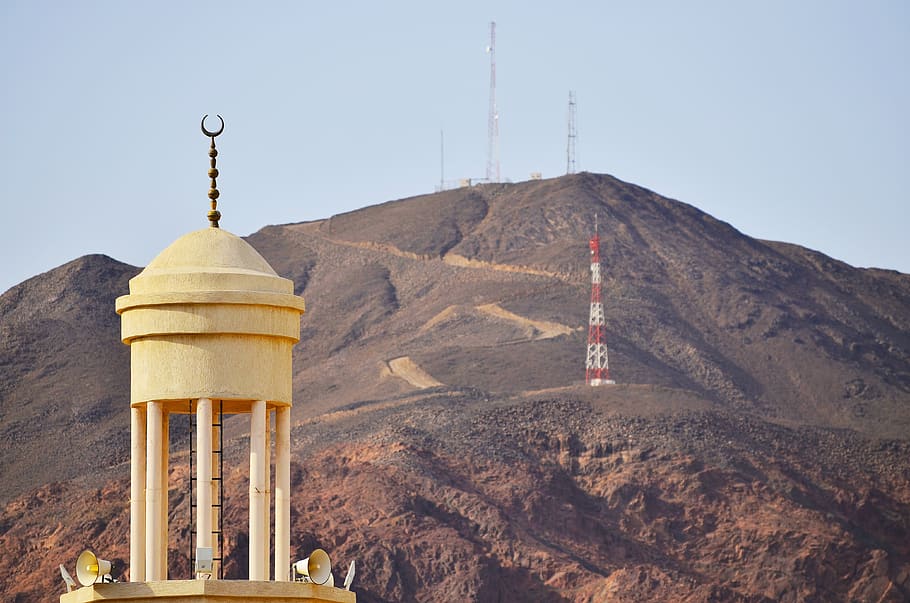 tower, mosque, masjid, islam, medina, mountain, road, built structure HD wallpaper