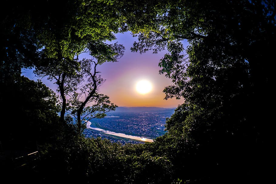 sunset, natural, sky, landscape, sunrise, japan, at dusk, tree HD wallpaper