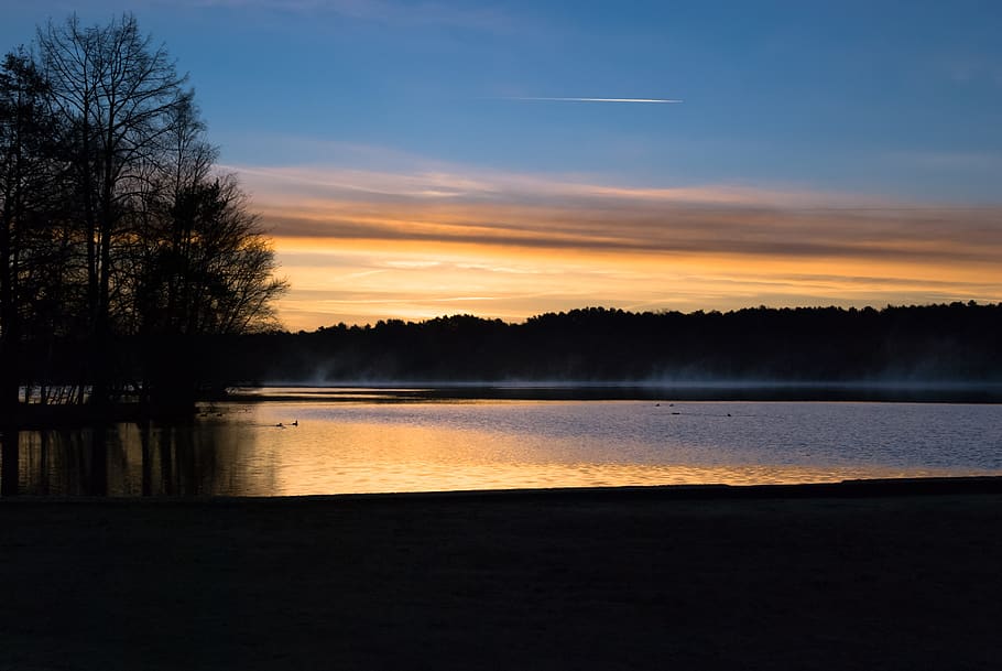 lake, twilight, shadow, water, nature, sky, landscape, trees HD wallpaper